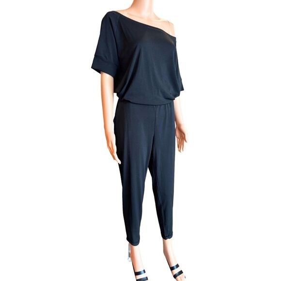 Michael Stars Black Jumpsuit M Luxe Jersey Off Shoulder Elastic Waist Romper - Picture 3 of 7